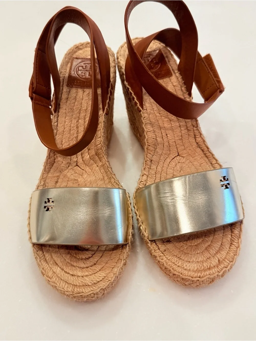 Tory Burch Bima 2 Espadrilles Wedge Sandals Metallic & Tan Leather Sz 9